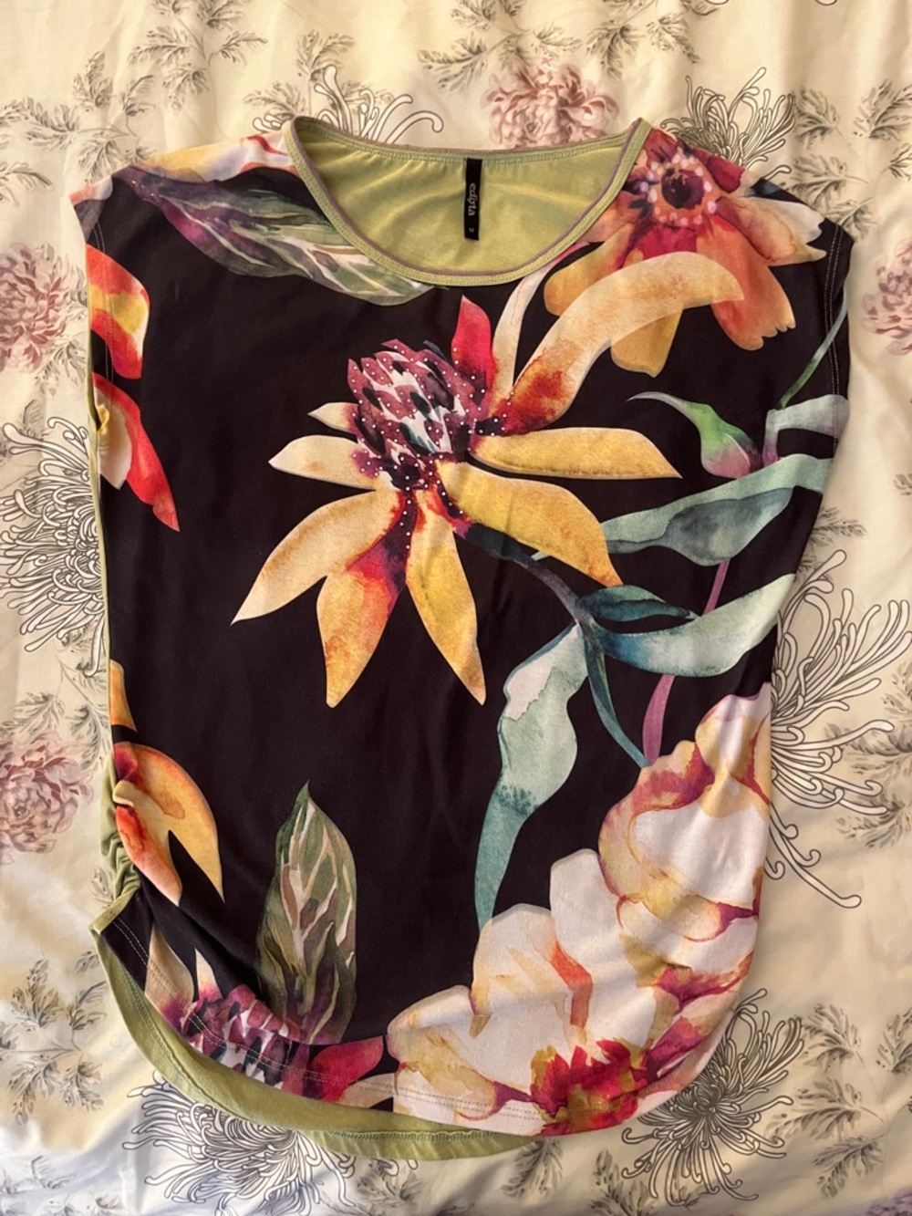 Women's Black Floral Tank Top with Olive Trim